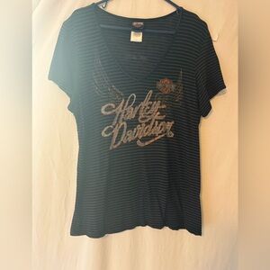Harley-Davidson Black & Gray Striped V-Neck Tee with Metallic Script